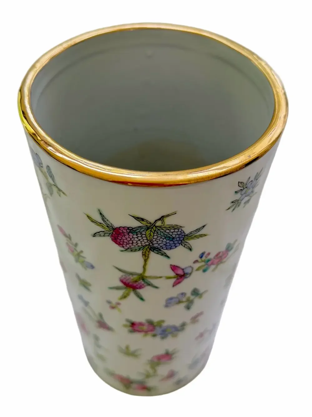 Chinese Famille Rose Hand Painted Porcelain Cylinder Vase 10.75” Gold Rim
